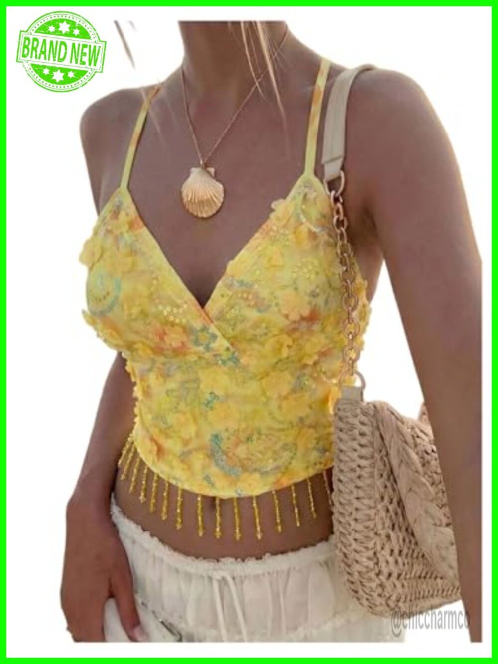 MakeMeChic Women's Floral Sequin Camisole Crop Top Backless Fringe Party